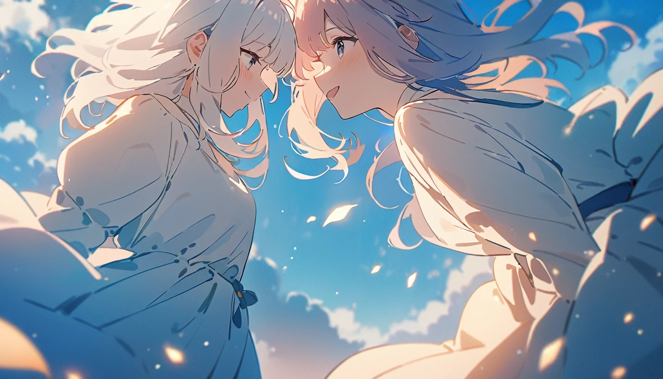 masterpiece, Highest quality, Movie stills, 1 Girl, Cloud Girl,Two Girls , Floating in the sky, close, bright, smile, Warm and soft lighting, blue sky, (spark:0.7)