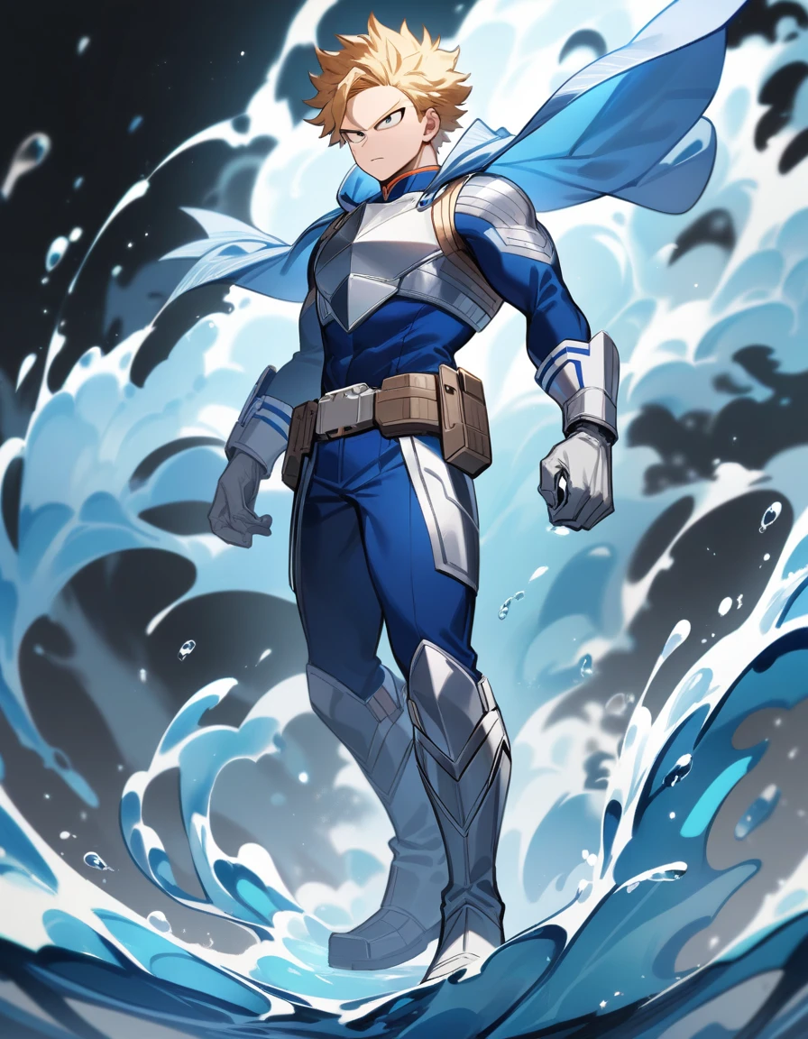 One boy, male focus, brown and blond hair, boku no hero academia, Izuku Midoriya look alike, masterpiece, best quality, very aesthetic, blue and silver super hero suit, Blue chest armor with fluid patterns and a silver symbol in the center, Fitted sleeves with silver details; silver gloves with blue accents, Fitted blue pants with silver details and a silver utility belt, Durable blue boots with silver accents, Short blue cape with silver details, Panels or lights that simulate the flow of water,  proportionally anatomical, full body illustration, The posture should be upright and confident, with a serious facial expression.