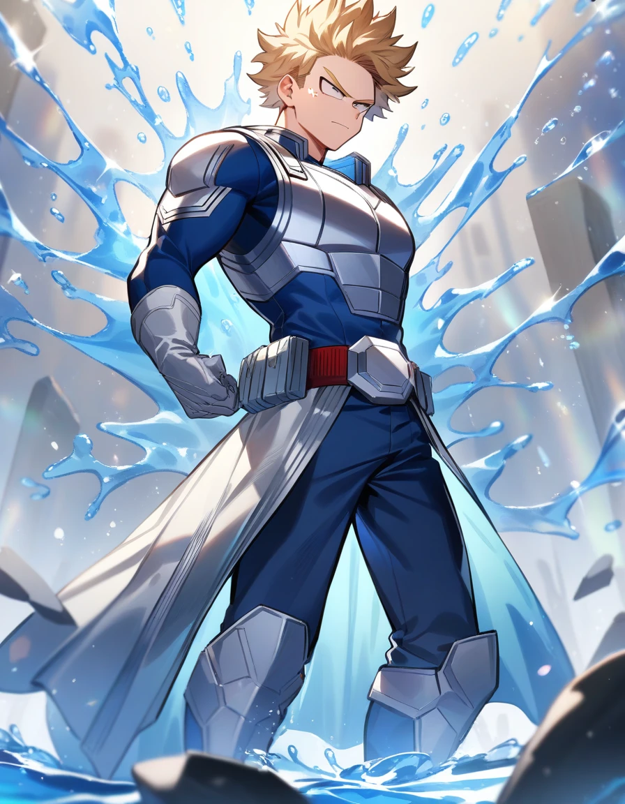 One boy, male focus, brown and blond hair, boku no hero academia, Izuku Midoriya look alike, masterpiece, best quality, very aesthetic, blue and silver super hero suit, Blue chest armor with fluid patterns and a silver symbol in the center, Fitted sleeves with silver details; silver gloves with blue accents, Fitted blue pants with silver details and a silver utility belt, Durable blue boots with silver accents, Short blue cape with silver details, Panels or lights that simulate the flow of water, proportionally anatomical, full body illustration, The posture should be upright and confident, with a serious facial expression.