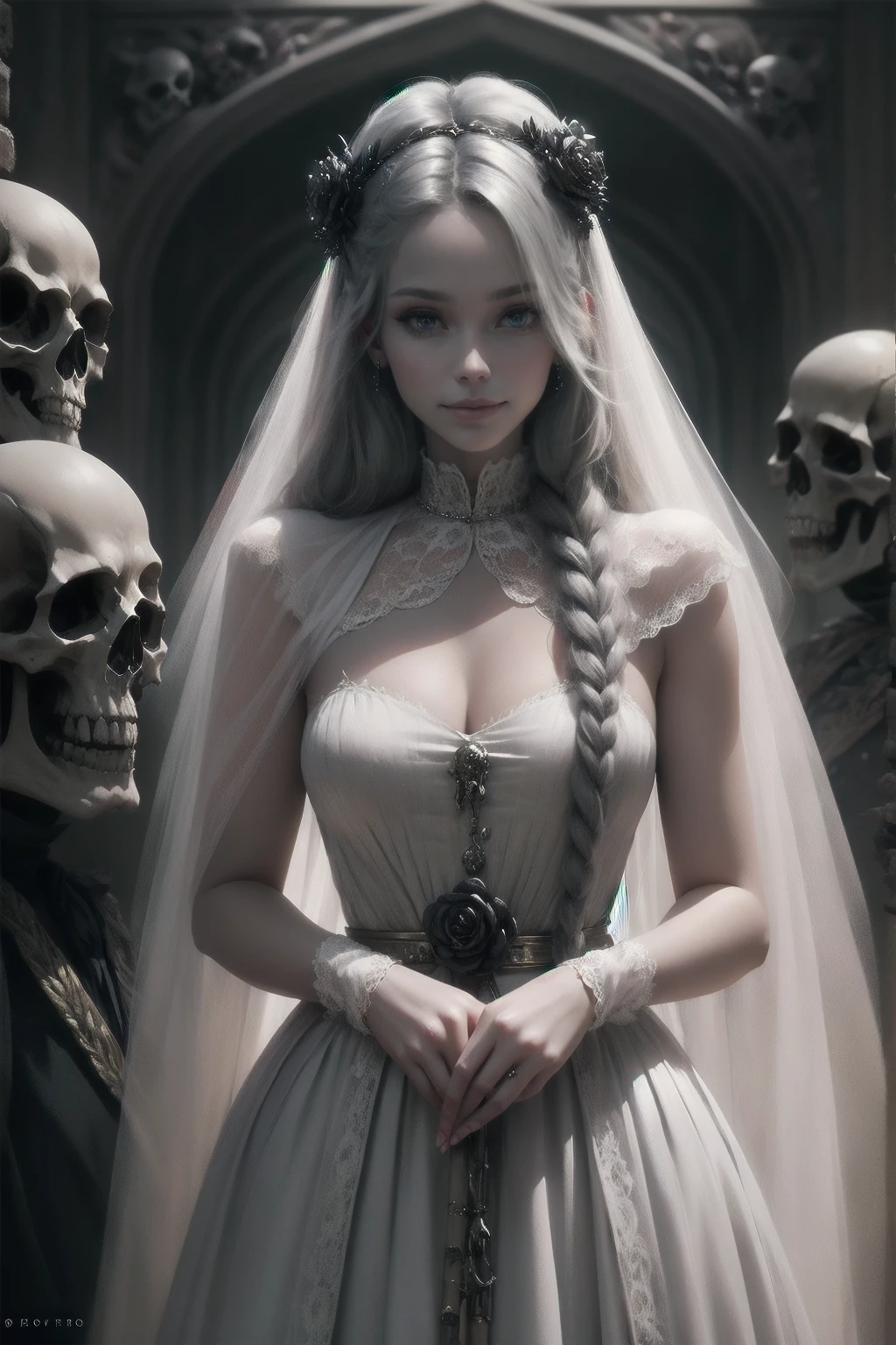 {-erro_de_anatomia:1.0} woman 30 years old, victorian era,victorian clothes, (white dress), dark castle, a woman (witchcraft), very long blond hair (blond hair), (gray eyes) . Indifferent look , merciless. among the skulls, dinamic poses, egoist smile, upper body