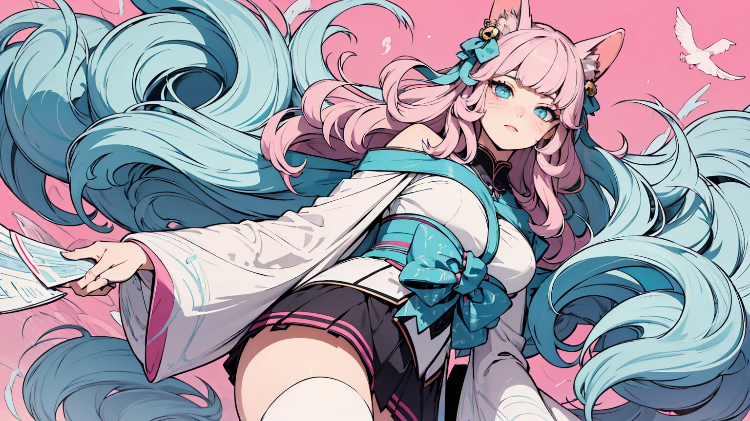 (masterpiece, best quality), beautiful woman, soft light, hakama, short skirt, (cleveage), wavy hair, asymmetrical bangs, perfect face, beautiful face, alluring, big gorgeous eyes, soft smile, perfect slim fit body, outdoors, standing, abstract background, bright colors, (risograph), medium breasts, solo, sexy