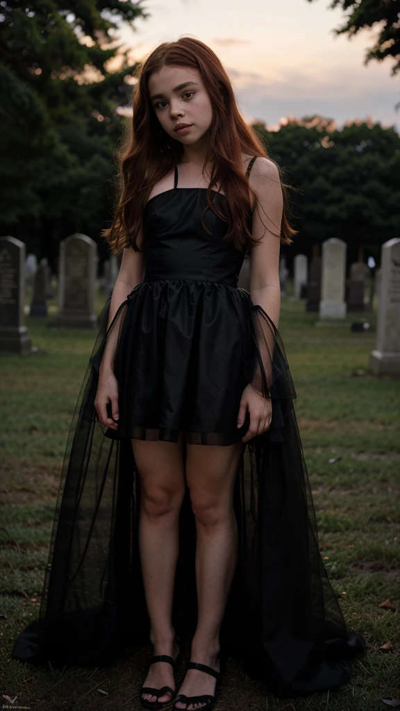 -yeld gisimilar to Chloë Grace Moretz, with long red hair, wearing a long transparent sexy black dress, in a creepy cemetery at night. Ultra-realistic image, high quality, 88mm, sharp background, night, perfect hands, cute young face, 12 year omale body, super detailed, 8k, full body shot