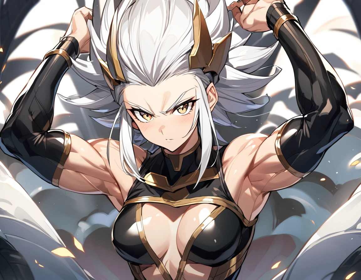 a girl, female focus, (a girl from the Dragon Ball universe) (the girl would wear black clothes, very tight on her body) slim muscles, ripped muscles, the girl would be raising her ki, she would have medium breasts, white hair, pretty face , beautiful girl, (the girl would be from the Saiyan race from Dragon Ball)
