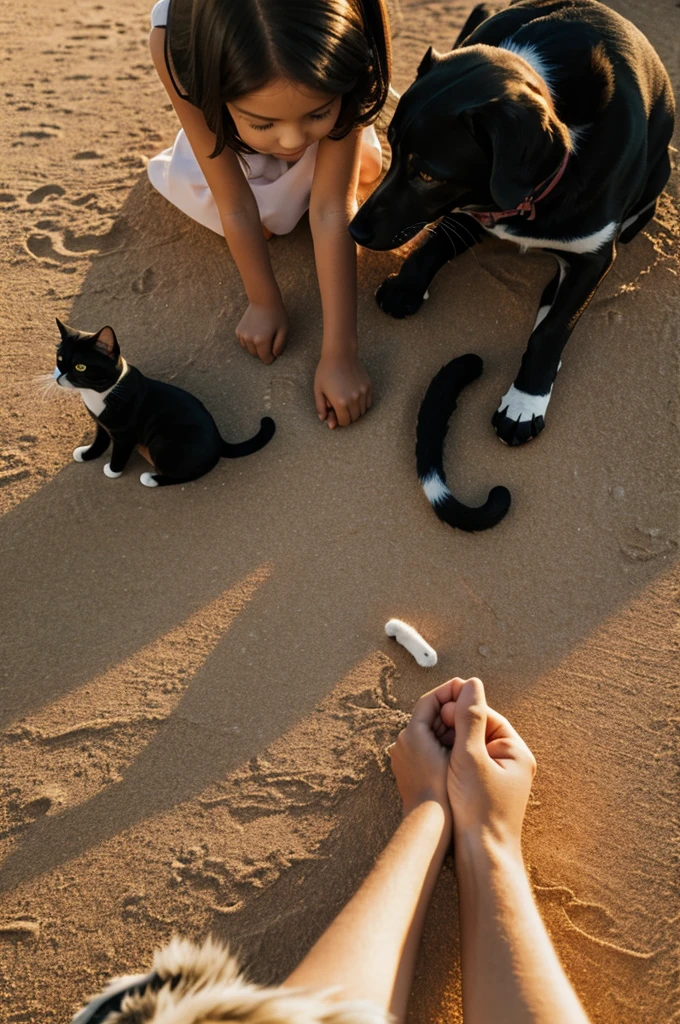 Boy and girl holding hand in sunset sitting with  cat and dog arial view