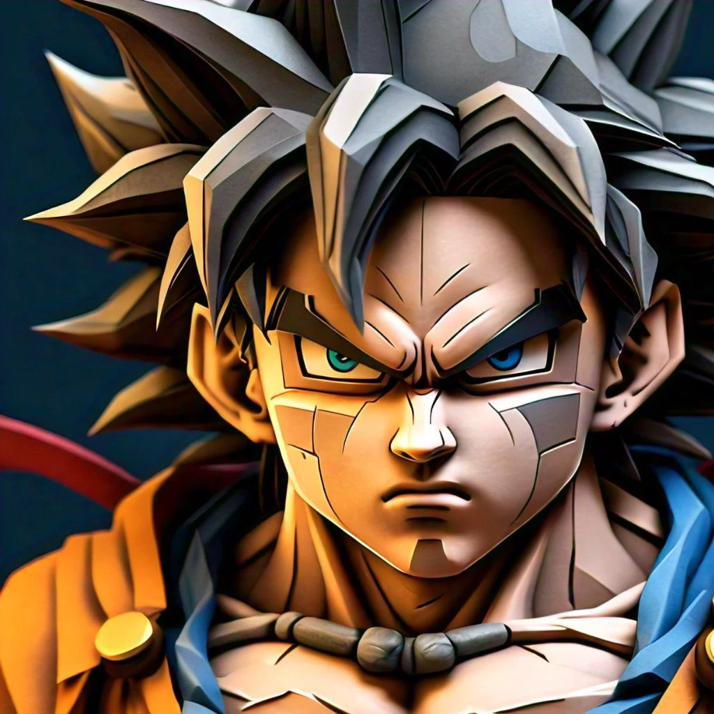 A full-length representation of a statue of a young Goku with blue eyes, highly detailed retrato de Goku, photorealistic human Goku, retrato de Goku, Portrait of Goku, Son Goku, anime style 3d, human Goku, very detailed anime, Goku de dragon ball, anime 3d art, Dragon Ball art style, Goku, Goku en fortnite, detailed digital anime art
