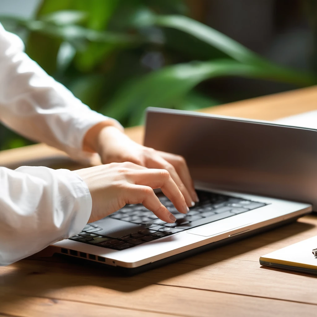 A close-up of a woman's hand typing on a laptop keyboard. The person is wearing a white long-sleeved shirt. The laptop is on a wooden desk and the background is softly blurred with a hint of green. Lighting is natural, creating a bright, clean atmosphere.