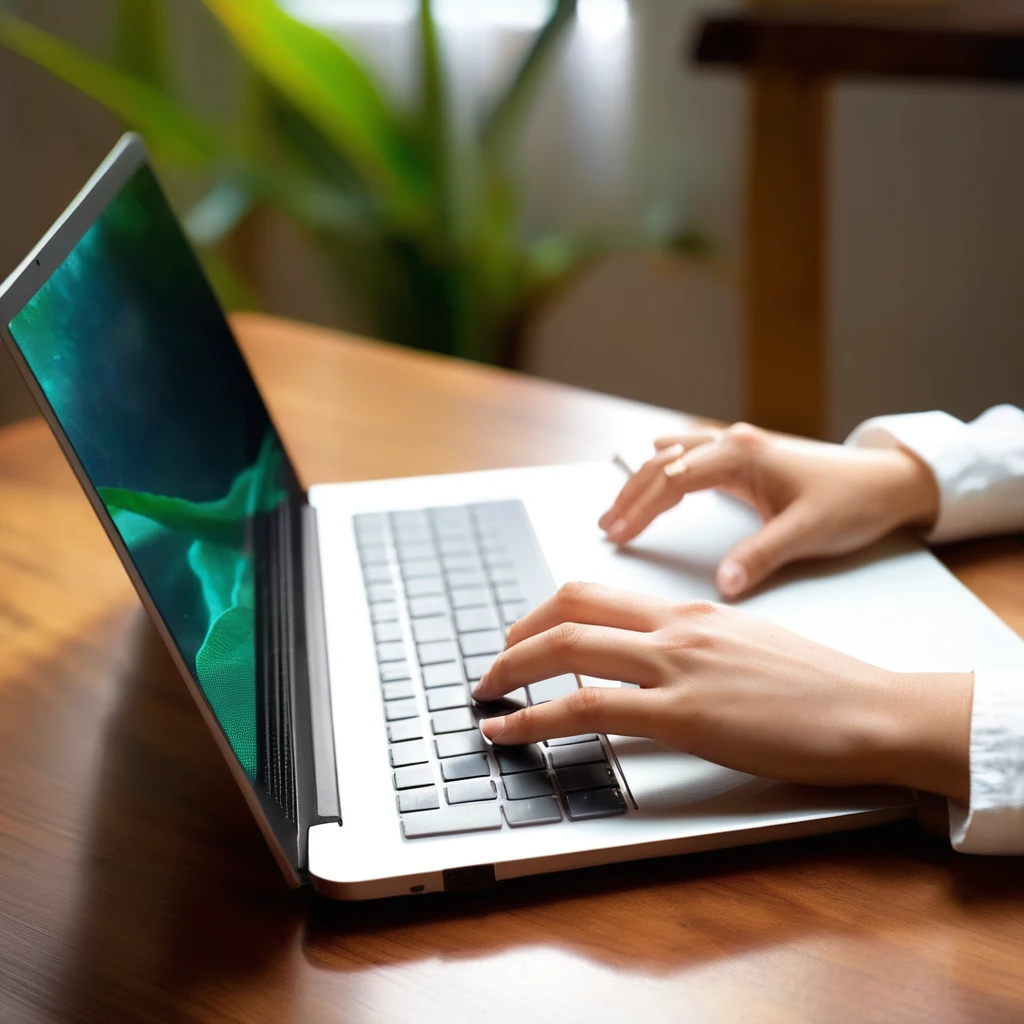 A close-up of a woman's hand typing on a laptop keyboard. The person is wearing a white long-sleeved shirt. The laptop is on a wooden desk and the background is softly blurred with a hint of green. Lighting is natural, creating a bright, clean atmosphere.