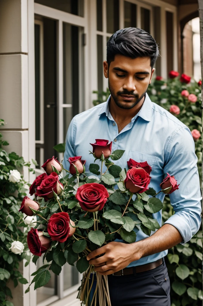 Man and roses flowers