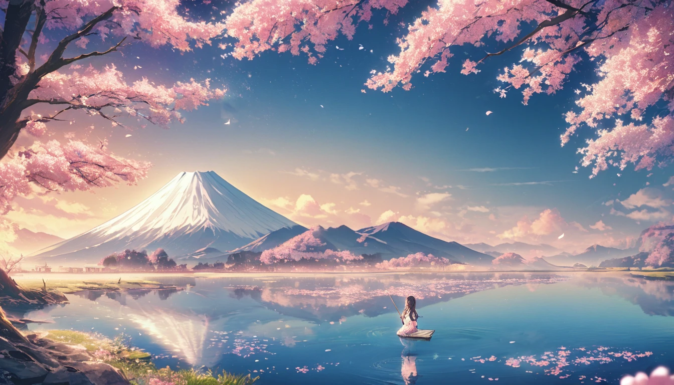 As an unparalleled genius of contemporary art, I、 "reflection" In the tranquil beauty of the Fuji Five Lakes. Imagine this: The quiet shores of a clear lake, The majestic silhouette of Mount Fuji towers over the horizon. Iの挑戦は、I aim to create a surreal illustration depicting the fantastical scene of cherry blossoms in full bloom..。, The delicate petals were perfectly reflected on the calm lake's surface.., The iconic Mount Fuji stands in the background.. Each flower is carefully painted, The viewer is drawn into this idyllic landscape..、Evoke a sense of wonder and serenity。. Through precise brushstrokes and digital magic, 日本のnatureの美しさの永遠の魅力を凝縮したmasterpieceを創ります, inviting viewers to immerse themselves in the harmonious interplay of reflection, nature, and culture.One Woman,Visiting a shrine,(Highest quality,8K quality,masterpiece:1.3,High resolution,Tabletop:1.2, realism:1.3), kimonoを着た初音ミク風のピンクの髪色の23歳の女性,Lesbians all over:1.3,Looking into the distance,(Japan Dress, kimono:1.4,popularly:1.2, choker:1.4),(Long Hair:1.2,Well-groomed pink hair), (Backstreets:1.3), kimono comes off, Beautiful Face,(Young Gravure Idol, A sophisticated gravure idol),(Perfect face with attention to detail,Beautiful beauty,Beautiful Faceが詳細に書かれている,Beautiful body,Eyes of strong will,Beautiful Eyes,Beautiful pink hair,Beautiful skin texture,Beautiful hair quality,ピンクのLong Hair,),Normal hand:1.5,Normal finger:1:5,Normal legs:1.5,Full body standing,Full body standing,Full body standing,Full body image,