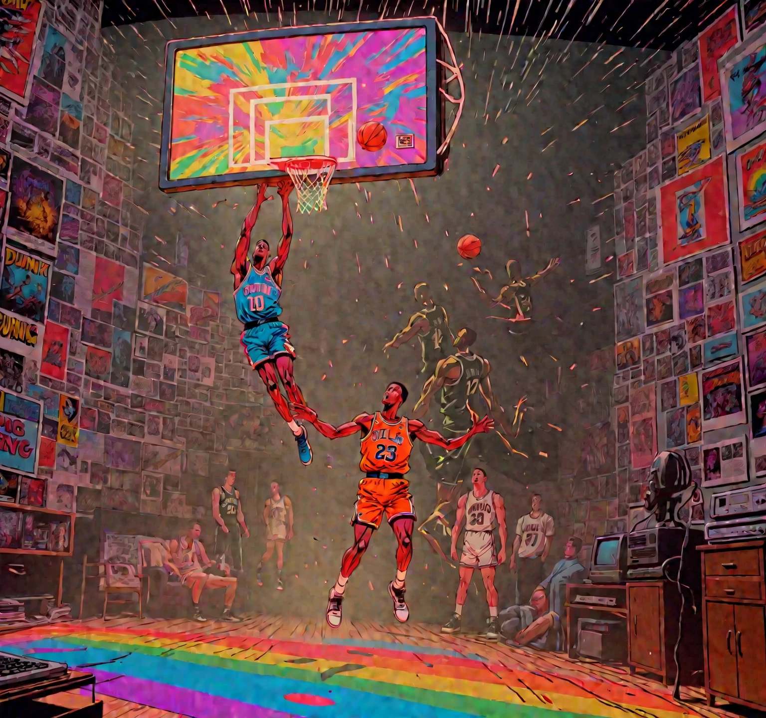 late night basketball, apparition, glitch distortion, visual hallucinations, optical illusion, iamge within image, game winning dunk, analog tv glow, 1990s aesthetics, VHS, glitch, distorted, nostalgia, 90's retro vibes, analog tape, vcr aesthetics, tv, television, comic 1990's, animated tv show screengrab, cinematic poster, image within image, multiple exposure, massive scale, rich color grading for shading depth, hand drawn rotoscope cartoon realism, chiaroscuro lighting, mixed media, vintage comic, retro original design, 1990's comic, sense of movement energy, (full roygbiv color) ink charcoal expressive illustration