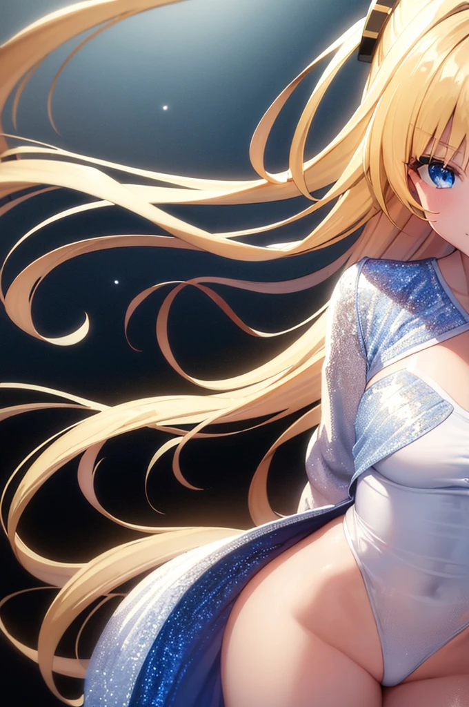 (masterpiece:1.3), (best quality:1.2), (8k, ultra detailed, ultra high res:1.2), ((anime style)), perfect 5 fingers, perfect anatomy, 
1girl,
BREAK long hair, wavy hair, blonde hair, blue eyes, 
medium breasts, camisole, (Sequins, white Sequins:1.2), 
BREAK smile, (gazing skyward:1.3), standing, arms behind back, 
cowboy shot, 
black background, 