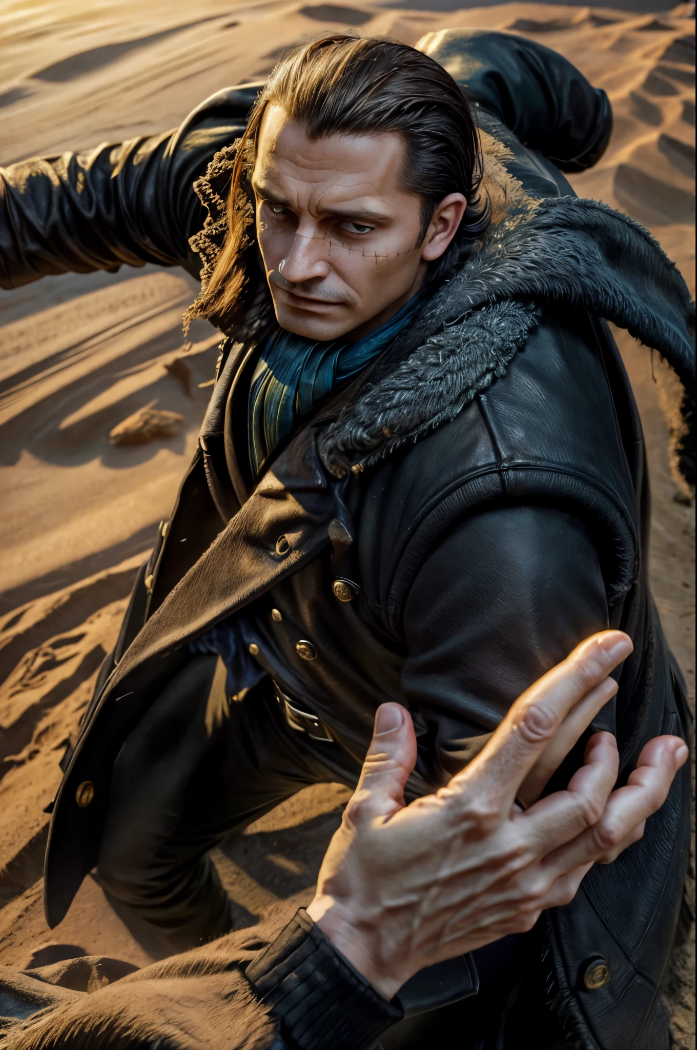 masterpiece, best quality, extremely detailed, hyperrealistic, photorealistic, a cool 40s man, ultra detailed face:1.2, fur-trimmed coat, scarf around the neck, his left hand is a golden pirate hook:1.1, desert, artistic jump, strenuous movements, dynamic angle, perfect hands, perfect fingers, break dance, dynamism, from above
