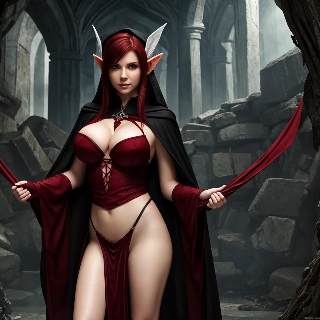 elf woman, white skin, dark red hair, necromancer, black , busty