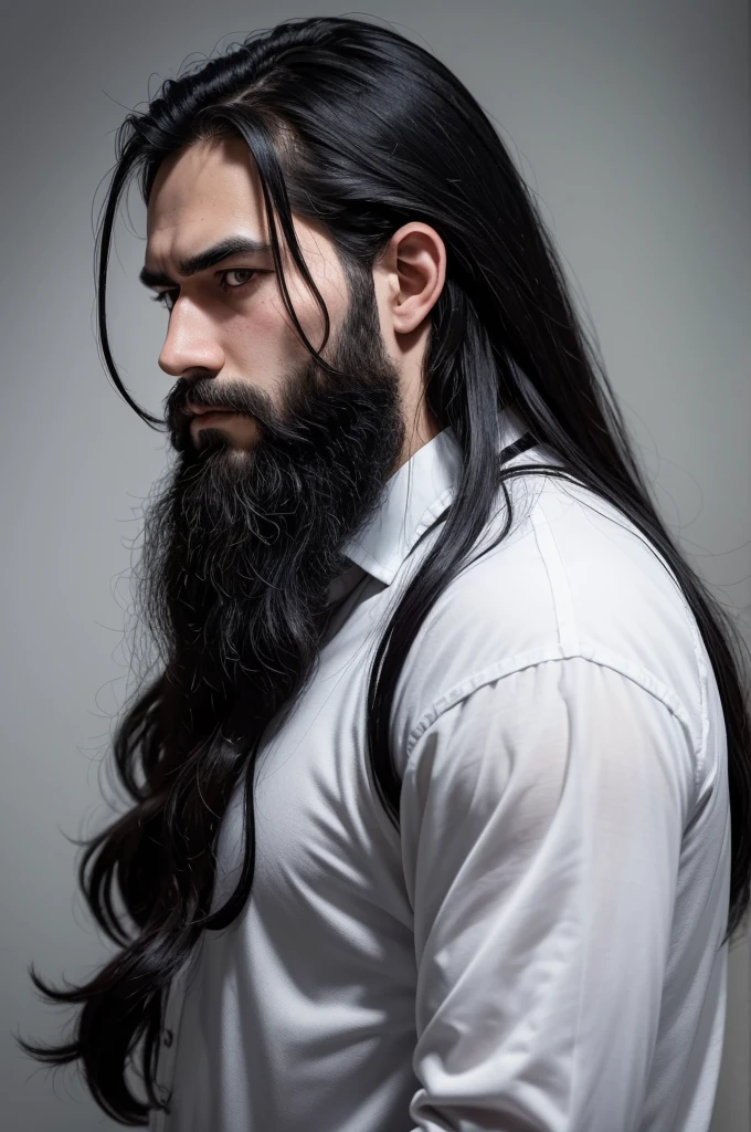 Man with not so long black hair, white skin and a tired, serious face with visible dark circles, profile photo and barely visible beard