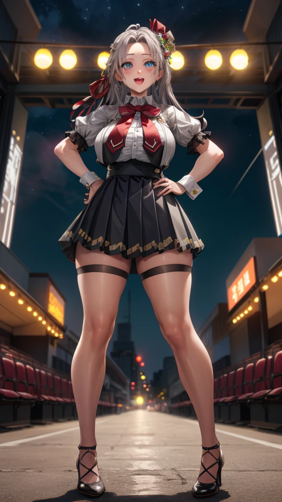 9City Alisa,
(night:1.7), 1 girl standing at attention, 22 years,Young women,beautiful Finger, beautiful long legs ,beautiful body ,beautiful Nose ,beautiful character design, Perfect eyes, perfect Face,
There is an anime girl., 1 girl, thigh, Solitary, (Very short skirt:1.4), blue eyes, old, Black skirt ,elegant , stocking (Short skirt) , Neckline, bow, Hands on Hips, Face红, black thigh, bowtie, in, 棕色shoe子, Absolutely great opportunity, 莫卡辛shoe, shoe, large old, Looking at the audience ,Take half the distance, Close-up of open mouth, thigh,
Looking at the audience, Smile, Greetings to the audience, In the center of the image, Fondo de pantalla CG unity 8K extremadamente detallado, Perfect lighting,Gorgeous, bright_forehead_Face_Light Artwork:1.0),(better one_quality:1.0), ultra high resolution,4K,Ultra Detailed,
photography, 8K, HDR, high resolution, absurd:1.2, End Portrait, Film Grain, Blurred background, Bokeh:1.2, lens flare, (energetic_color:1.2)
, (beautiful_Face:1.5),(narrow_waist), (beautiful,huge_old:1.3)