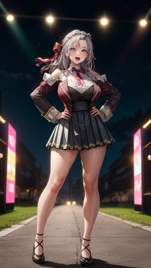 9City Alisa,
(night:1.7), 1 girl standing at attention, 22 years,Young women,beautiful Finger, beautiful long legs ,beautiful body ,beautiful Nose ,beautiful character design, Perfect eyes, perfect Face,
There is an anime girl., 1 girl, thigh, Solitary, (Very short skirt:1.4), blue eyes, old, Black skirt ,elegant , stocking (Short skirt) , Neckline, bow, Hands on Hips, Face红, black thigh, bowtie, in, 棕色shoe子, Absolutely great opportunity, 莫卡辛shoe, shoe, large old, Looking at the audience ,Take half the distance, Close-up of open mouth, thigh,
Looking at the audience, Smile, Greetings to the audience, In the center of the image, Fondo de pantalla CG unity 8K extremadamente detallado, Perfect lighting,Gorgeous, bright_forehead_Face_Light Artwork:1.0),(better one_quality:1.0), ultra high resolution,4K,Ultra Detailed,
photography, 8K, HDR, high resolution, absurd:1.2, End Portrait, Film Grain, Blurred background, Bokeh:1.2, lens flare, (energetic_color:1.2)
, (beautiful_Face:1.5),(narrow_waist), (beautiful,huge_old:1.3)