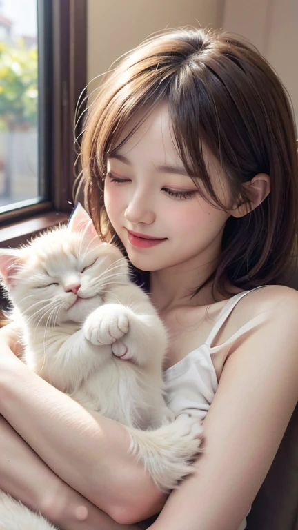 A girl gently holding a cat, Warm sunshine, cozy indoor setting, Very detailed, (Highest quality,4K,8K,High resolution,masterpiece:1.2), Super detailed, (Realistic,photoRealistic,photo-Realistic:1.37 High resolution, 超High resolution, Studio Lighting, Very detailed説明, Professional, Vibrant colors, Bokeh, Portraiture, Sharp focus, Physically Based Rendering,(Holding a cute sleeping white cat :1.2),Smile,short hair