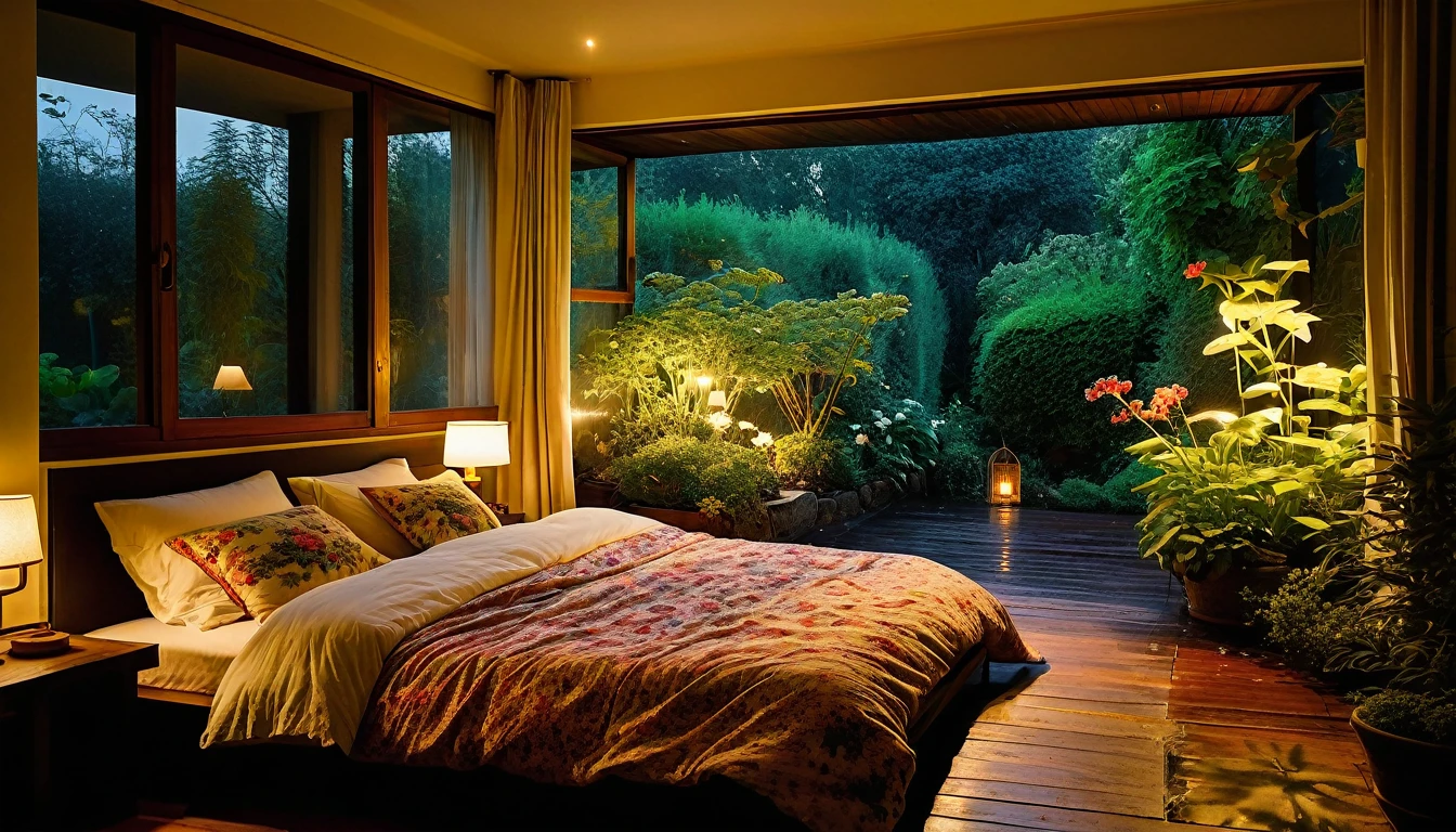 The picture shows a cozy bedroom with large windows offering views of the beautiful, dimly lit garden AND FLOWER-soaked gardens. CINEMATIC, JAPANESE HOUSE, the shape of a Japanese house, and lots of flower gardens in the garden. The bed was unmade with crumpled sheets, indicating only sleep in peace. looks dim, gloomy. Beside the bed there is a small table with a classic lamp burning which radiates warm light into the room. Outside the window, lush green plants can be seen on the terrace or balcony area, rain is falling, the lamp on the left provides warm lighting, creating a calm and peaceful atmosphere. with mist partially obscuring the landscape in the distance. The contrast between the warmth indoors and the rain outdoors creates an inviting and calming atmosphere
