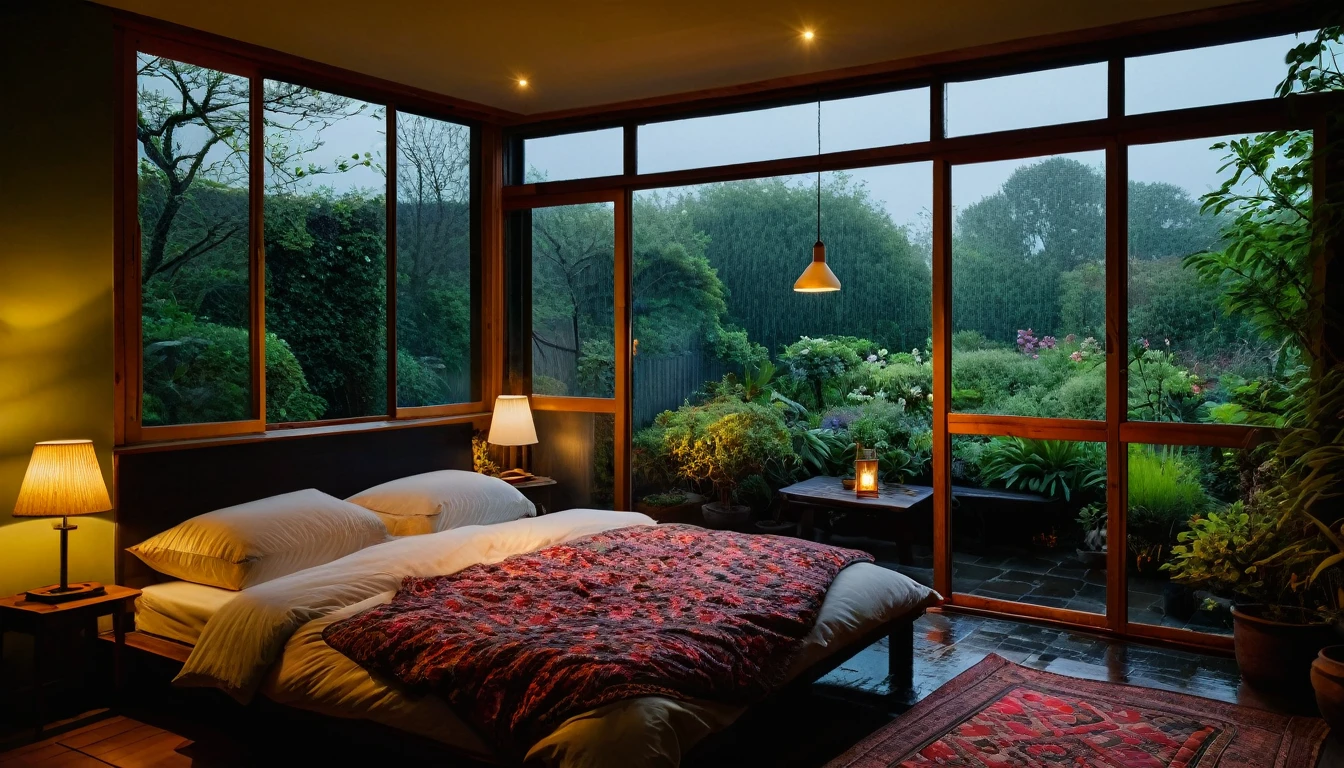 The picture shows a cozy bedroom with large windows offering views of the beautiful, dimly lit garden AND FLOWER-soaked gardens. CINEMATIC, JAPANESE HOUSE, the shape of a Japanese house, and lots of flower gardens in the garden. The bed was unmade with crumpled sheets, indicating only sleep in peace. looks dim, gloomy. Beside the bed there is a small table with a classic lamp burning which radiates warm light into the room. Outside the window, lush green plants can be seen on the terrace or balcony area, rain is falling, the lamp on the left provides warm lighting, creating a calm and peaceful atmosphere. with mist partially obscuring the landscape in the distance. The contrast between the warmth indoors and the rain outdoors creates an inviting and calming atmosphere
