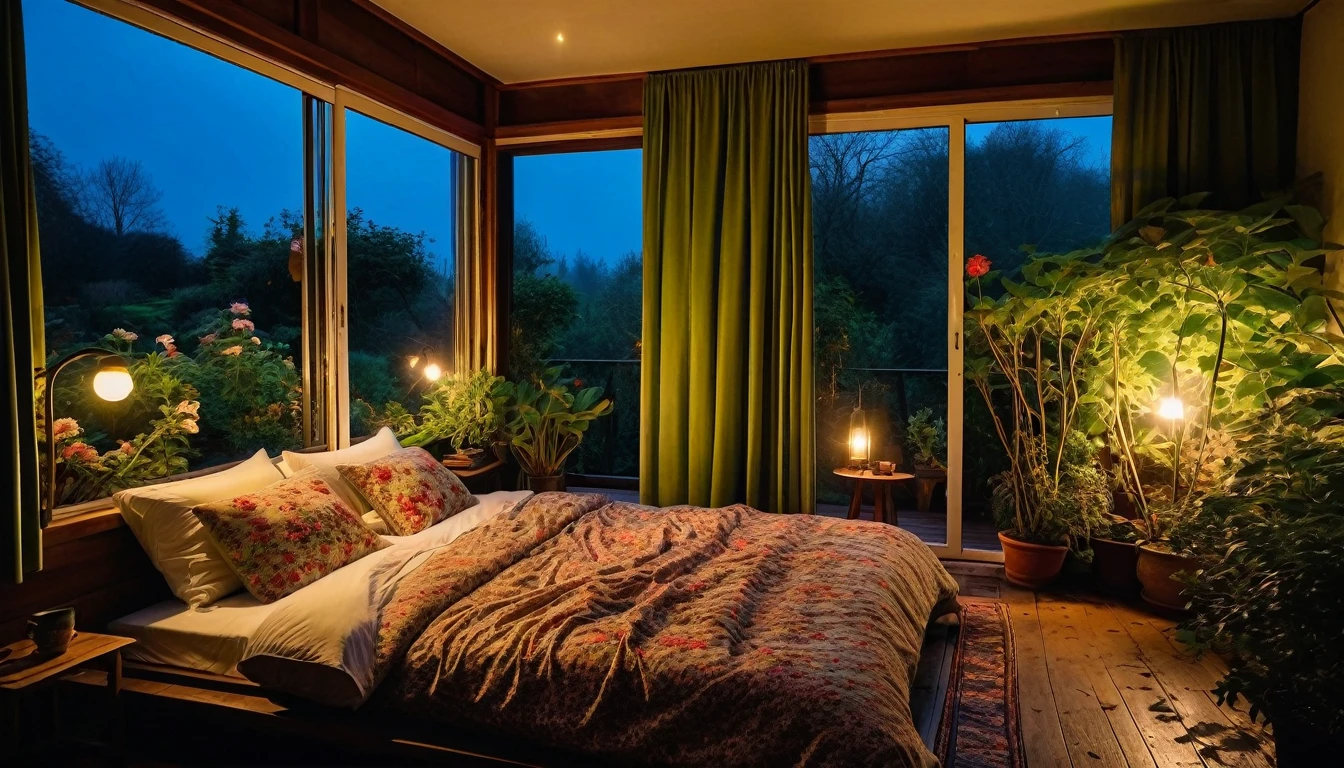 The picture shows a cozy bedroom with large windows offering views of the beautiful, dimly lit garden AND FLOWER-soaked gardens. CINEMATIC, JAPANESE HOUSE, the shape of a Japanese house, and lots of flower gardens in the garden. The bed was unmade with crumpled sheets, indicating only sleep in peace. looks dim, gloomy. Beside the bed there is a small table with a classic lamp burning which radiates warm light into the room. Outside the window, lush green plants can be seen on the terrace or balcony area, rain is falling, the lamp on the left provides warm lighting, creating a calm and peaceful atmosphere. with mist partially obscuring the landscape in the distance. The contrast between the warmth indoors and the rain outdoors creates an inviting and calming atmosphere