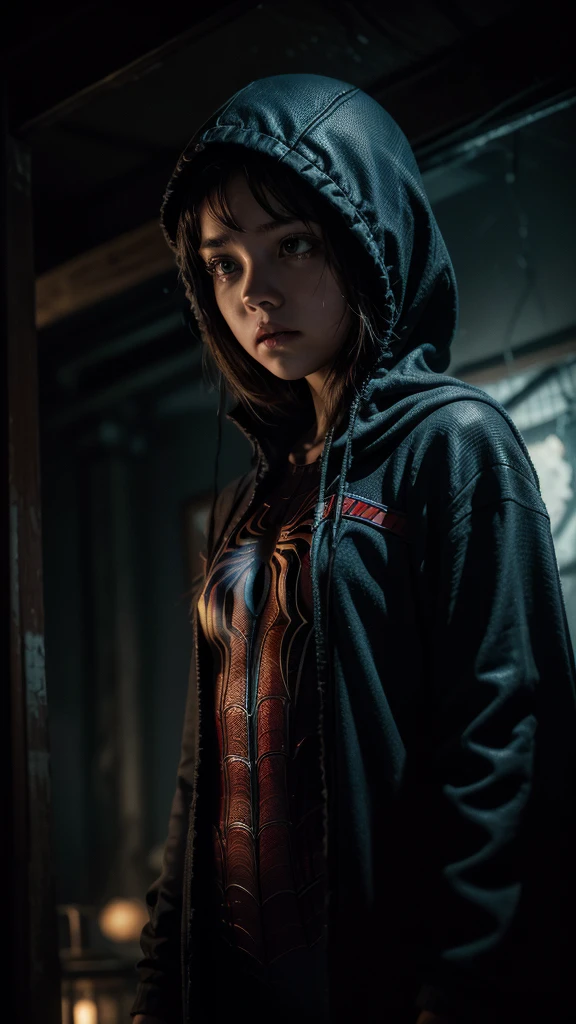 A girl wearing a Spider-Man costume, surrounded by ghostly cobwebs, in a dark and strange atmosphere, detailed and realistic, cinematic lighting, dramatic colors, muted tones, temperamental atmosphere