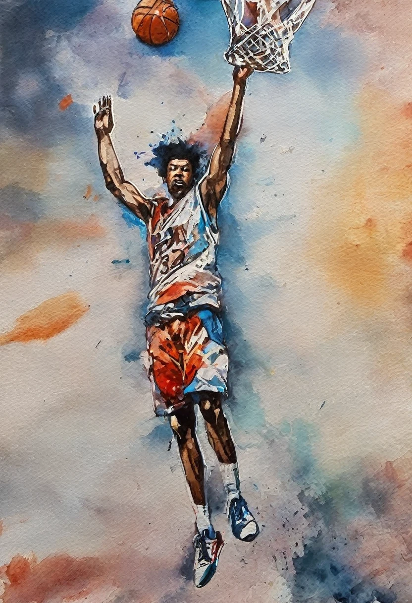  Banksy art sticker, fantasy character, basketball player, basketball uniform,(( At the basketball scene)), the dunking athlete in the air, (dunk shoot:2.0),(dynamic angle:1.5), soul, digital illustration, comic book style,  noir, perfect anatomy, centered, approaching perfection, dynamic, highly detailed, watercolor painting, artstation, concept art, soft, sharp focus, illustration, art by Carne Griffiths and Wadim Kashin, (viewed from below:1.5)