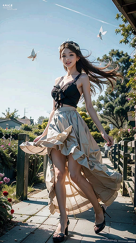 (Sony_A1.セル50F12GM.Exquisite photos taken with a combination of)、masterpiece、Ultra-realistic:1.3、whole body、Depth of written boundary、Highest quality、Ultra-high resolution、8K Photo、Photos of the cutest beautiful girls in the world、The ultimate beautiful face、(Purelos Face_v1:0.008)、((Alice in Wonderland))、(In a garden filled with beautiful flowers and butterflies)、She is 18 years old、Glossy skin like white silk、Natural platinum blonde super long straight hair with beautiful highlights、Beautiful big blue eyes、Beautiful messy bangs、(blue dress and white apron)、(『Alice in Wonderland』Alice's Costume)、hair ornaments、Big beautiful breasts、Cute Smile、Smile、Smiling Kindly、Beautiful legs、Perfect Anatomy、Her hands are holding her skirt down to prevent it from spreading out.、Fantastic!、((Long skirt fluttering in the wind:1.7))、Camel Toe、((Long hair messed up by strong winds))、((Hold down your skirt with two hands))、Camel Toe、Slim Body、((ta Dress、Gorgeous lace headband))