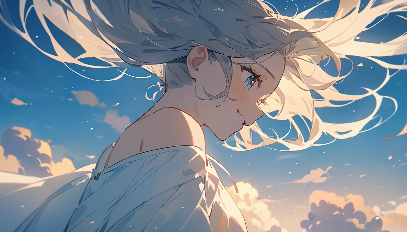 masterpiece, Highest quality, Movie stills, 1 Girl, Cloud Girl,Two Girls , Floating in the sky, close, bright, smile, Warm and soft lighting, blue sky, (spark:0.7)