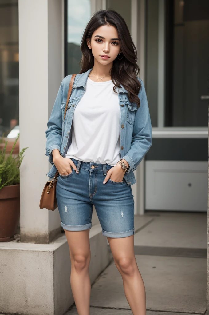 Create the image of a young Brazilian woman, pretty face with casual outfit ,realistic styling 