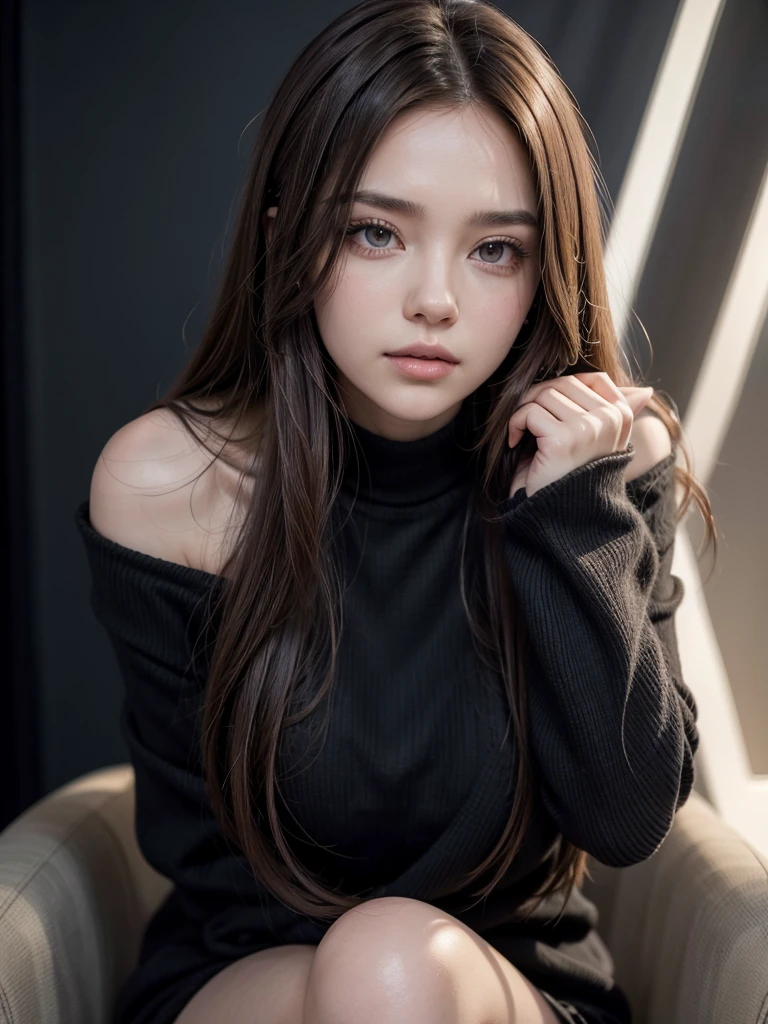 Beautiful woman with shoulder-length straight brown hair wearing long-sleeved black clothing. She is sitting on a chair with her hands resting on her legs., brown hair, hair over shoulder, hair spread out, straight hair, big hair, wide-eyed, longeyelashes, makeup, parted lips, closed mouth, cinematic lighting, UHD, anatomically correct, super detail, best quality, 8k