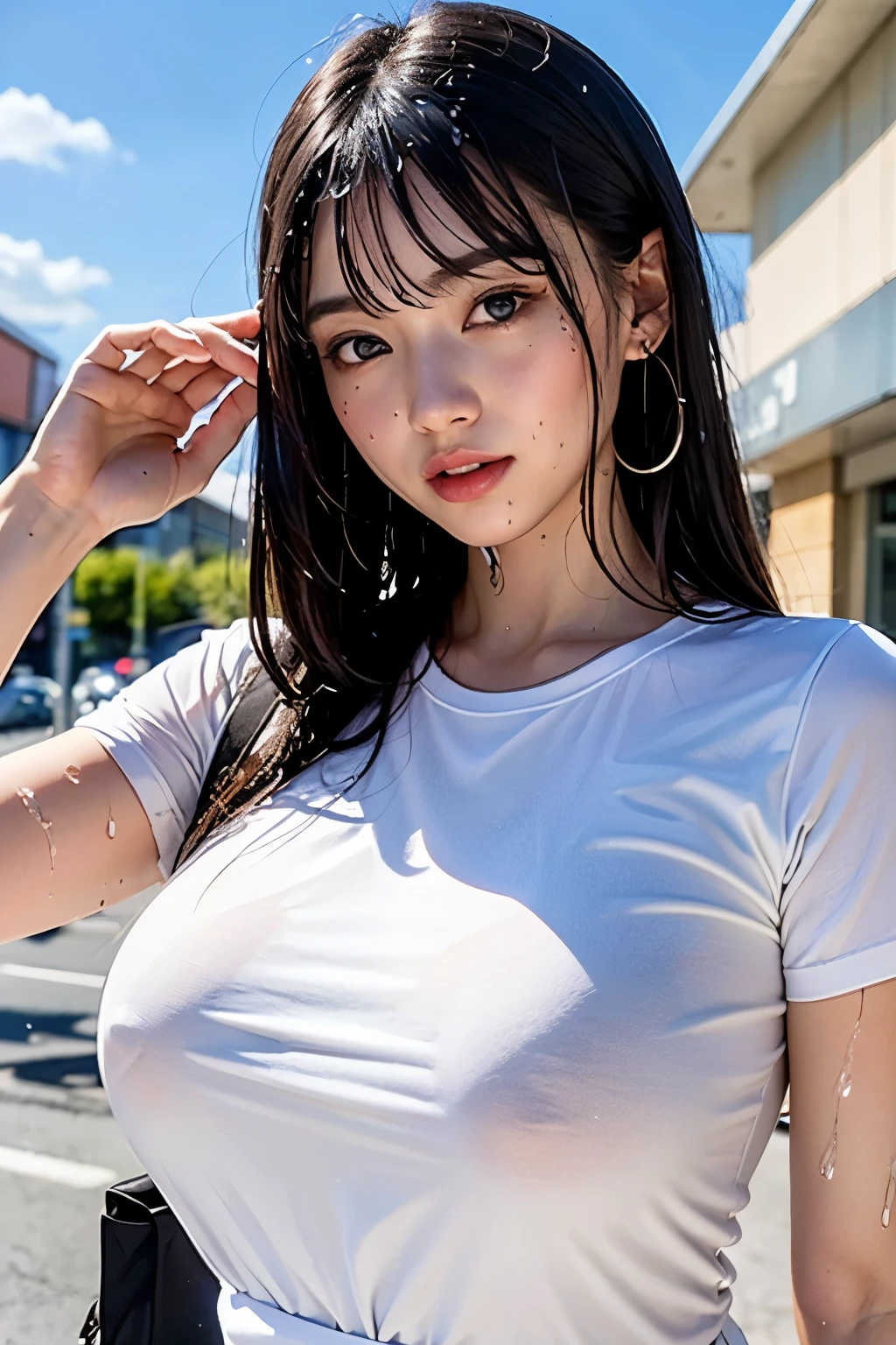 (Sexy pose),
(Highest quality, 8K, 32k, masterpiece, Ultra-high resolution:1.2), Cute Japanese Girl, (Huge breasts:1.3), Long black hair, bangs, (My whole body is wet:1.2),(Sweat is dripping:1.1),Idol,
(Wet transparent white T-shirt:1.3),(Your clothes are wet:1.4),(The clothes are transparent:1.4),(Clothes stick to the skin),Tight waist, (Outdoor, Main Street, blue sky,),Upper body close-up、Shorts、Strong sunlight、