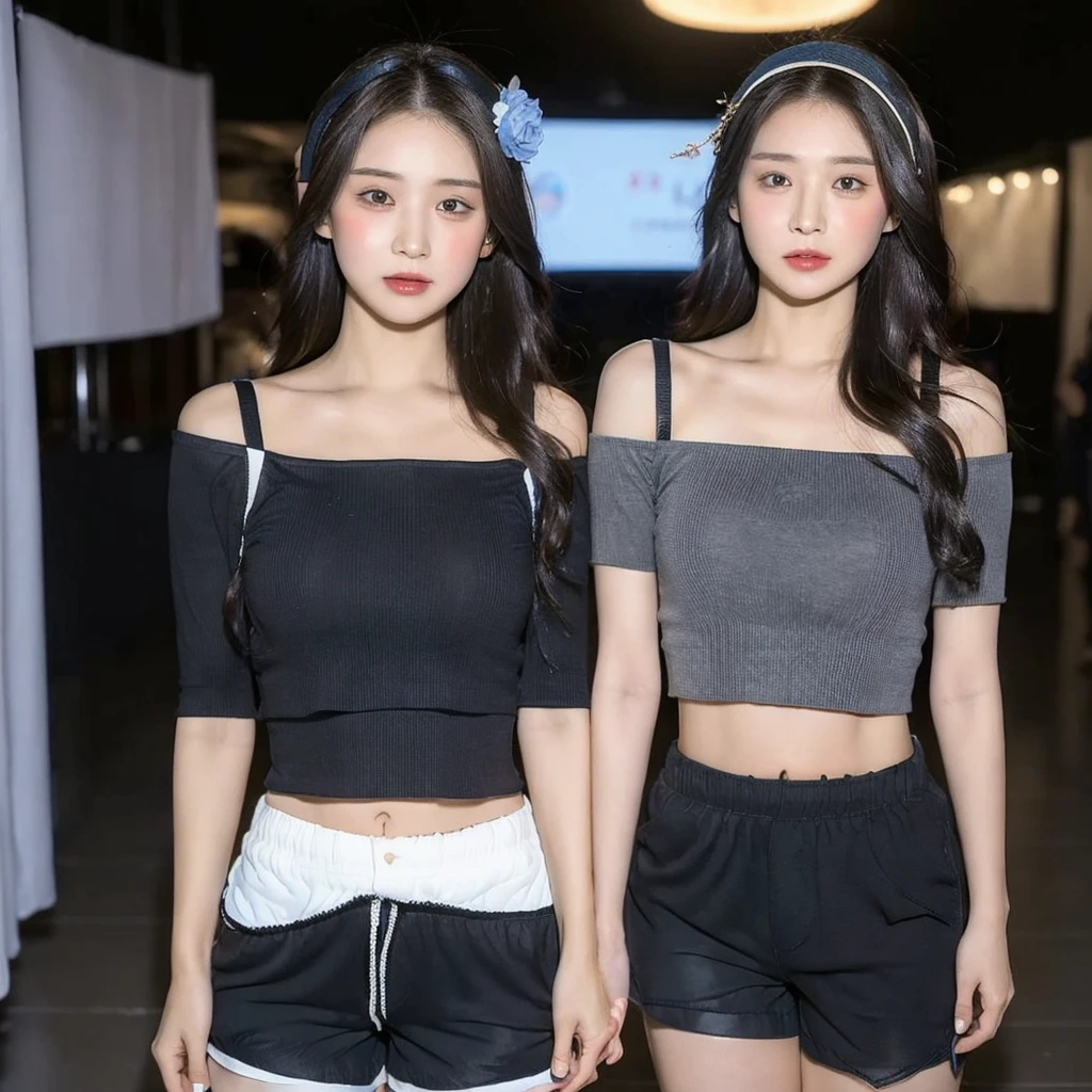 1 person, ((Best Quality, 8K, Masterpiece: 1.3)), (Flower Cap: 1.3), Focus: 1.2, Perfect Body Beauty: 1.4, Buttocks: 1.2, (Dark Street: 1.3), Highly Detailed Face and Skin Texture, Full Body, Delicate Eyes, Double Eyelids, Whitened Skin, long straight black hair with wavy ends (Round Face: 1.5), (Loose Crop Top, Shorts: 1.6)