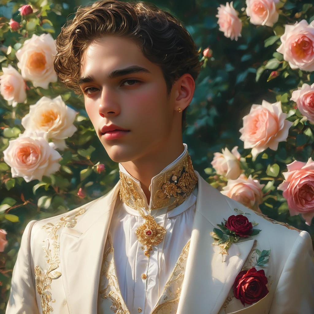 Create an image of a young man inspired by the characteristics of the rose 'The Prince, mixed race male model 27 year old, (angel face, prince eyes, lightly sweet smile), standing in a poised and regal posture, hand resting by his side, evokes a sense of deep contemplation and elegance. He is dressed in a deep, rich velvet robe in dark deep purple or red wine, adorned with intricate embroidery and layered over a (sheer Jockstrap with thick cock line), semi bulge, ((bulge focus)), complemented by dark tailored trousers and polished black shoes. His clothing reflects the complex, multi-petaled structure of the rose, with detailed textures and luxurious fabrics.
The composition places the model slightly off-center, allowing for a view of a lush greenhouse garden background with glossy green leaves and hints of blooming deep-red roses, creating a natural yet sophisticated setting. Soft diffused lighting highlights the model's features and clothing, casting gentle shadows that add depth and dimension to the image. The overall atmosphere is one of quiet intensity and refined elegance, with a subtle hint of romanticism.
The photo is taken at eye level with a slight upward angle to emphasize the model's regal presence, using a medium-format camera, Canon EOS R7 and Sigma AF 85mm F1.4 EX DG HSM lens, used to achieve a shallow depth of field, ensuring the model stands out sharply against the softly blurred background.
by photographers Thomas Synnamon known for his ability to capture elegance and refinement in fashion photography, golden hour dreamlike settings and intricate details complements the theme perfectly.
