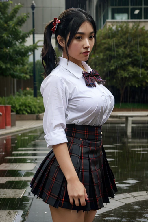 LingX,black hair,twintails,brown eyes,hair ornament, pantyhose (insanely detailed, masterpiece, best quality),solo, steam , rain , plaid skirt , pleated skirt , Tight shirt , white Shirt , school girl , red bow , red knot ,