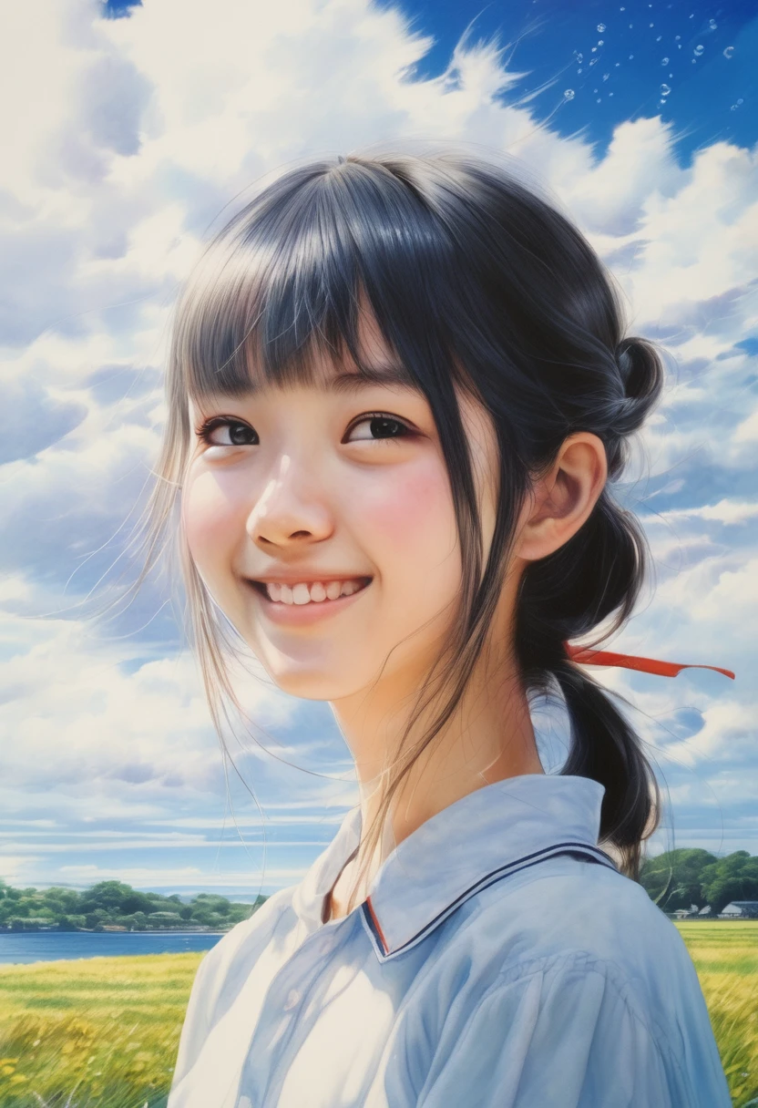 artwork:Yoshiyuki Sadamoto、Beautiful girl、、Turn around and smile at the viewer、Half-close your eyes、Smiling with teeth showing、、water droplets、Blue sky and cumulonimbus background、Summer vacation、Summer Traditions、(Yoshiyuki Sadamoto スタイル:1.4)、Masterpiece、Detailed Description