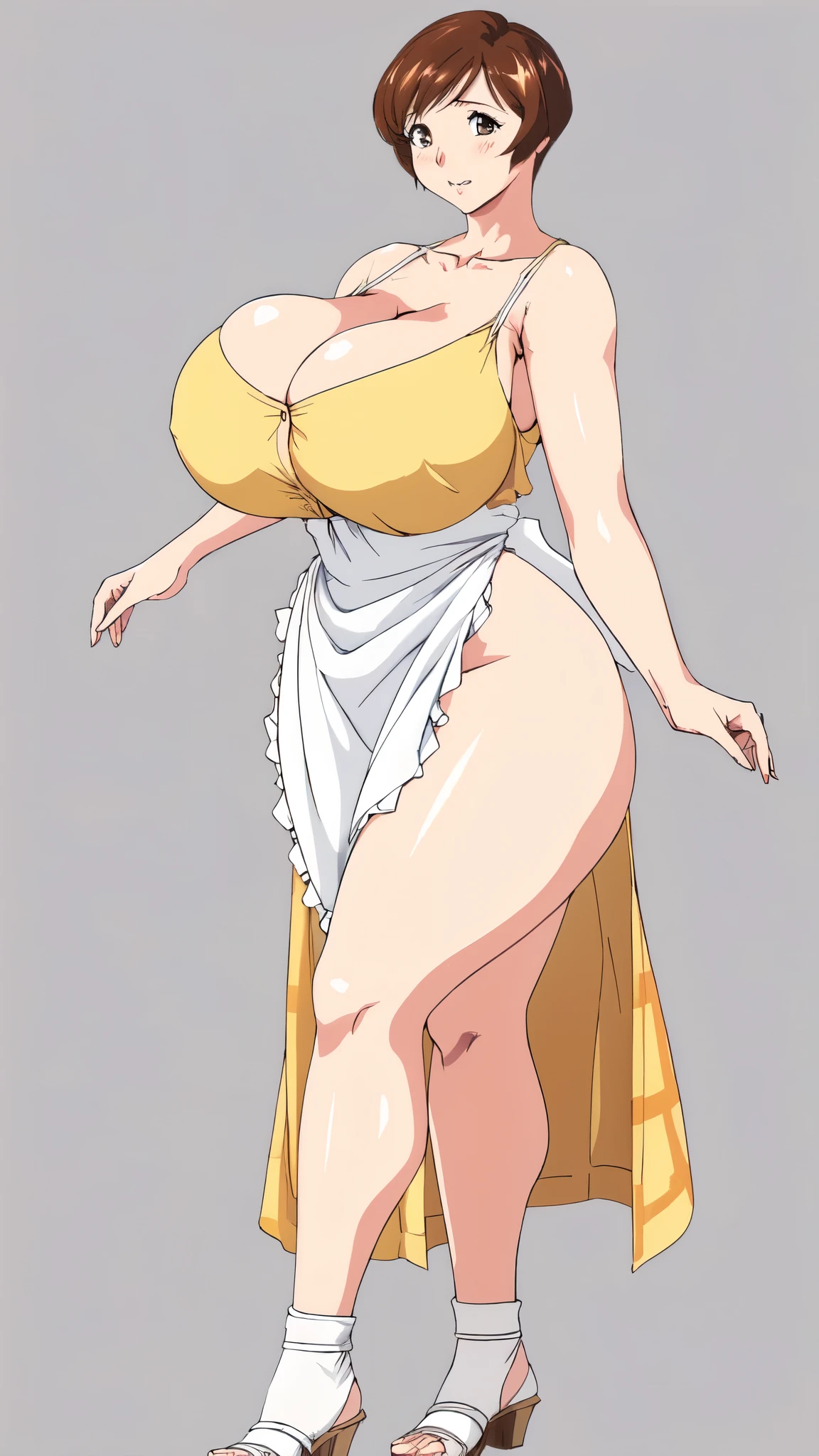 masterpiece, highest quality, High resolution, One girl, solo, sexual intercourse, Pornographic images, short hair, etsukoto, brown Eyes, fine grain, fine grain, (((Thick thighs, Plump thighs, Voluptuous thighs, Thighs alone are enough))), Huge and ample breasts, Cleavage, big long breasts, Naughty big,((big breasts are important))、((Naughty thighs)), L Cup, (thin:1.4),(Tight waist:1.4), (yellow dress:1.4), ((waist apron)), white panty, (((Simple Background))), ((Wide Hips)), Shiny, Oily skin, Mature mother, Calf, Seductive mature woman, milf, Perfect body, Plus Size Model, curvy, ample, etsukoto, blush, clavicle, retro artstyle, 1990s (style), (thick thighs:1.4), Bare legs, ((bursting breast)), firm breasts, (from side:0.9), full body, feet, looking away, open stance, open legs, discovery stance,