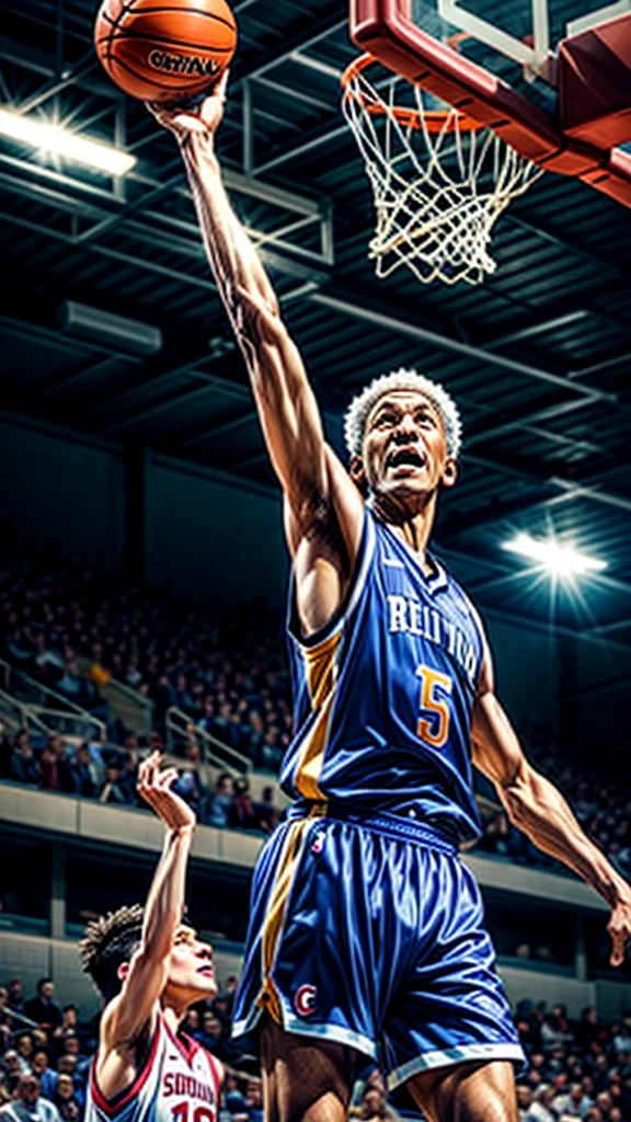 Elderly basketball player、The decisive dunk、The spectators cheer