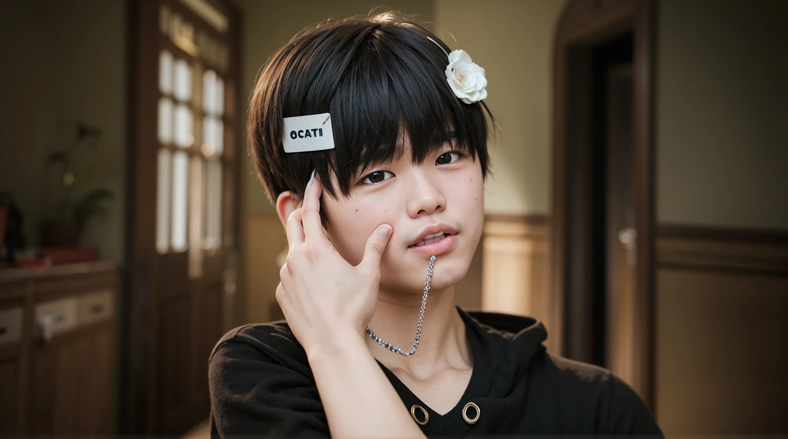8k resolution, Asian boy, smooth, realistic, glossy skin, high quality, high display, hands holding his cheeks, blurred background