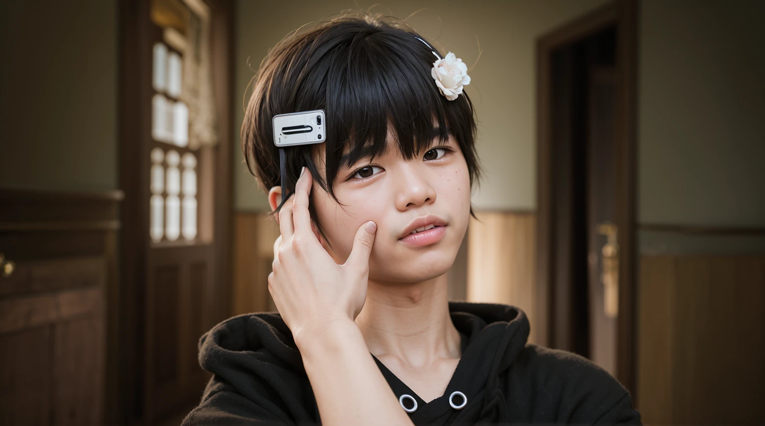 8k resolution, Asian boy, smooth, realistic, glossy skin, high quality, high display, hands holding his cheeks, blurred background