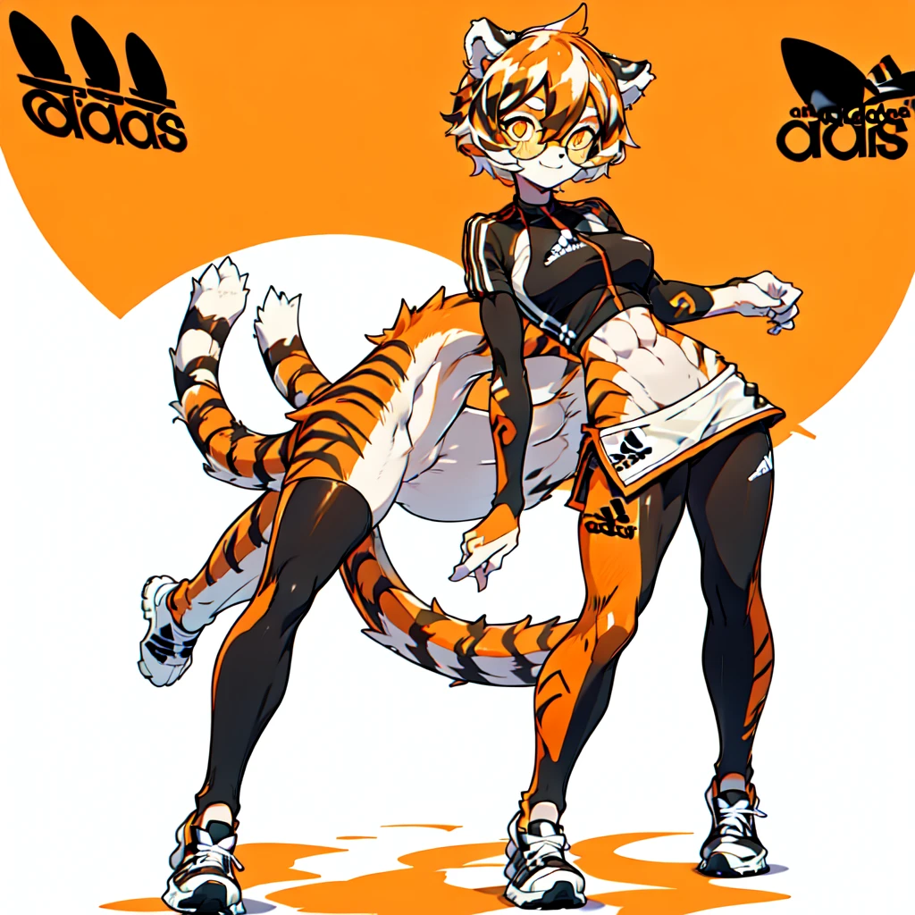 white background, full body, ((furry female:1.2)), Standing, animal ears, white hair, black hair, short hair, large breasts, muscle, tail, orange eyes, orange hair, multicolored hair, tiger girl, hair between eyes, tiger_ears, tiger_tail, orange-tinted_eyewear, tinted_eyewear, big breasts, evil smile, Shadows under feet, Abdominal muscles, (((Adidas outfit:1.2))),jk