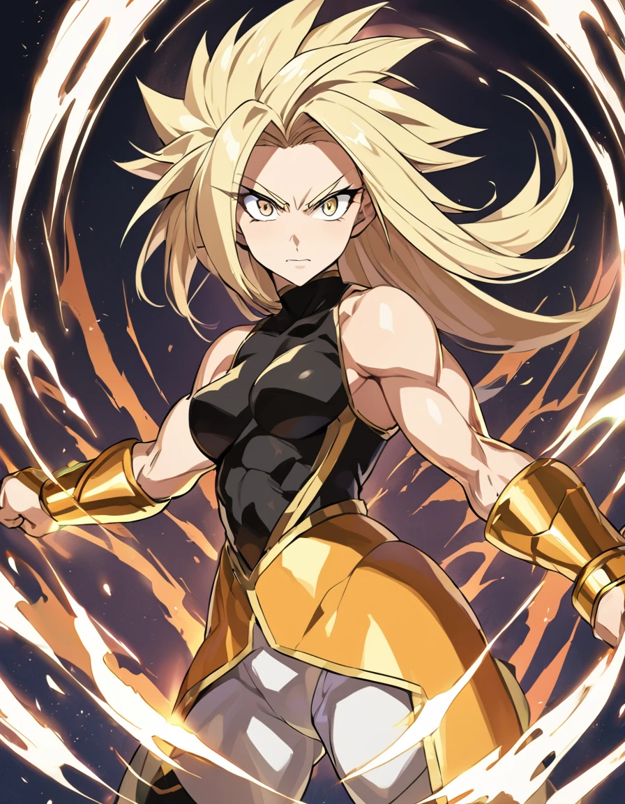 a girl, female focus, (a girl from the Dragon Ball universe) (the girl would wear black clothes, very tight on her body) slim muscles, ripped muscles, the girl would be raising her ki, she would have medium breasts, white hair, pretty face , beautiful girl, (the girl would be from the Saiyan race from Dragon Ball), (she is raising her ki and becoming super Saiyan, leaving her hair blonde), Dragon Ball Style