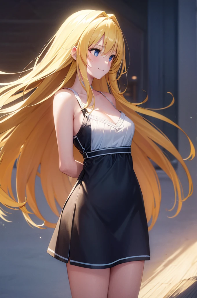 (masterpiece:1.3), (best quality:1.2), (8k, ultra detailed, ultra high res:1.2), ((anime style)), perfect 5 fingers, perfect anatomy, 
1girl,
BREAK long hair, wavy hair, blonde hair, blue eyes, 
medium breasts, camisole, (Sequins, white Sequins:1.2), 
BREAK smile, (gazing skyward:1.3), standing, arms behind back, 
cowboy shot, 
black background, 