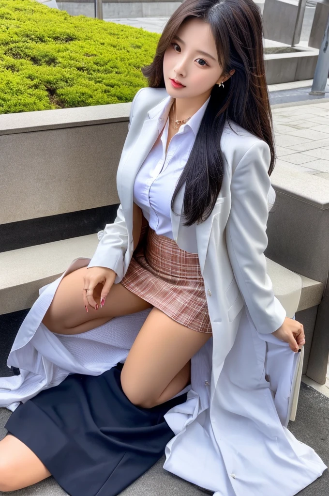 a 19 year old girl, she is the most beautiful actress in the world, the perfect body proportions of this girl, the blazer is appropriately buttoned up on the formal shirt that she wears above the short skirt, indirect bulge of her clothed large breasts, exposed genitalia of her lower body, exposed vagina inside the labia above the anus of this girl who is sitting on the bench of the city with her legs open, her crotch between her opened legs is naked and exposed, it's just the front of her body, it's just one description, detailed genitalia of her lower body, the feet of her opened legs are both apart, nsfw, best quality, highly detailed, masterpiece, ultra high res, photo realistic, 8k, RAW photo