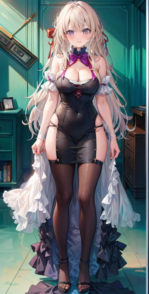 girl,Large Breasts,long hair,Topless,Bow,Blonde hair, Purple Eyes, Cleavage,Large Breasts