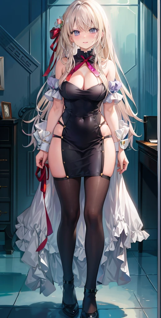 girl,Large Breasts,long hair,Topless,Bow,Blonde hair, Purple Eyes, Cleavage,Large Breasts