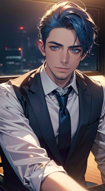 (best quality,4k,8k,highres,masterpiece:1.2),ultra-detailed,(realistic,photorealistic,photo-realistic:1.37),1 man,31 years old,mature man,very handsome,without expression,smile,short blue hair,blue eyes,penetrating gaze,perfect face without errors,imposing posture,businessman,office background,cinematic lighting,hdr image