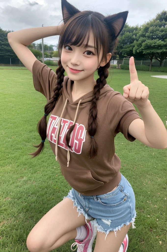 (masterpiece, Highest quality, 8K, High resolution),(Realistic skin texture, Perfect Face, Realistic, Perfect hands, Perfect finger count, Japanese, Girl), (13 years old), Big Eyes, Brown eyes, Light brown hair, bangs, Twin tails, Hair Ribbon, Small face, Smile, (Cat ear hoodie, shorts, Knee-high socks, sneakers)), garden, Basketball Ring, Are standing, Cute pose, Raise your arms, Hair blowing in the wind
