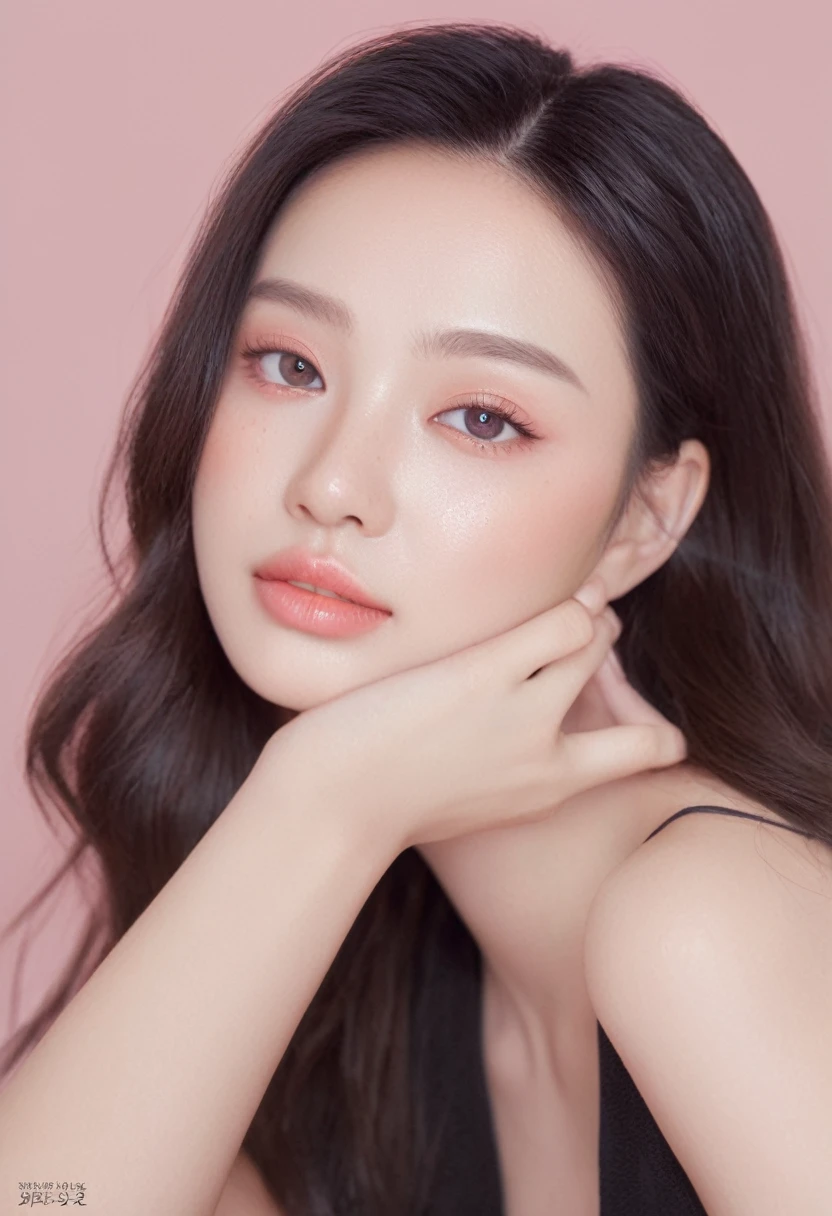 ultra wide shoot, front photo, elegant woman, (Photorealsitic)、(intricate detailes:1.2)、(​masterpiece、:1.3)、beauty face, (top-quality:1.4)、(超A high resolution:1.2)、超A high resolution、(A detailed eye)、(detailed facial features), ((Realistic lighting、top-quality、8K、natural light, ​masterpiece:1.3))、bright photo, Clear focus:1.2、1girl in、flawless beauty:1.4、Superfine Face、big Narrow-eyed、double eyelid、photos realistic, perfect eyes, perfect skin, detailed skin, detailed face, looking viewer, front view, potrait, raw photo, simple soft pink background, (intricate detailed skin textured:1.4) front view, looking viewer, clear face,  1 girl、porate、Bright and very beautiful face、beautiful girl, A stunning close-up portrait showcasing the beauty of a Korean model. The composition features soft, natural lighting , bright eyes, and striking cheekbones. Her glossy,  The background is simply black background, smile,  wear sweetshirt, neat hair, long hair, instagram model, profil picture, bright and natural