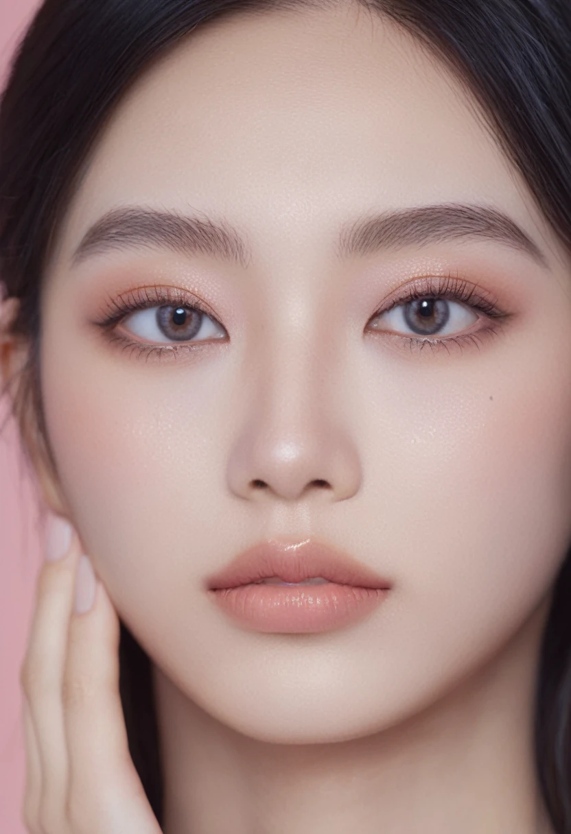 ultra wide shoot, front photo, elegant woman, (Photorealsitic)、(intricate detailes:1.2)、(masterpiece、:1.3)、beauty face, (top-quality:1.4)、(超A high resolution:1.2)、超A high resolution、(A detailed eye)、(detailed facial features), ((Realistic lighting、top-quality、8K、natural light, masterpiece:1.3))、bright photo, Clear focus:1.2、1girl in、flawless beauty:1.4、Superfine Face、big Narrow-eyed、double eyelid、photos realistic, perfect eyes, perfect skin, detailed skin, detailed face, looking viewer, front view, potrait, raw photo, simple soft pink background, (intricate detailed skin textured:1.4) front view, looking viewer, clear face, 1 girl、porate、Bright and very beautiful face、beautiful girl, A stunning close-up portrait showcasing the beauty of a Korean model. The composition features soft, natural lighting , bright eyes, and striking cheekbones. Her glossy, The background is simply black background, smile, wear sweetshirt, neat hair, long hair, instagram model, profil picture, bright and natural