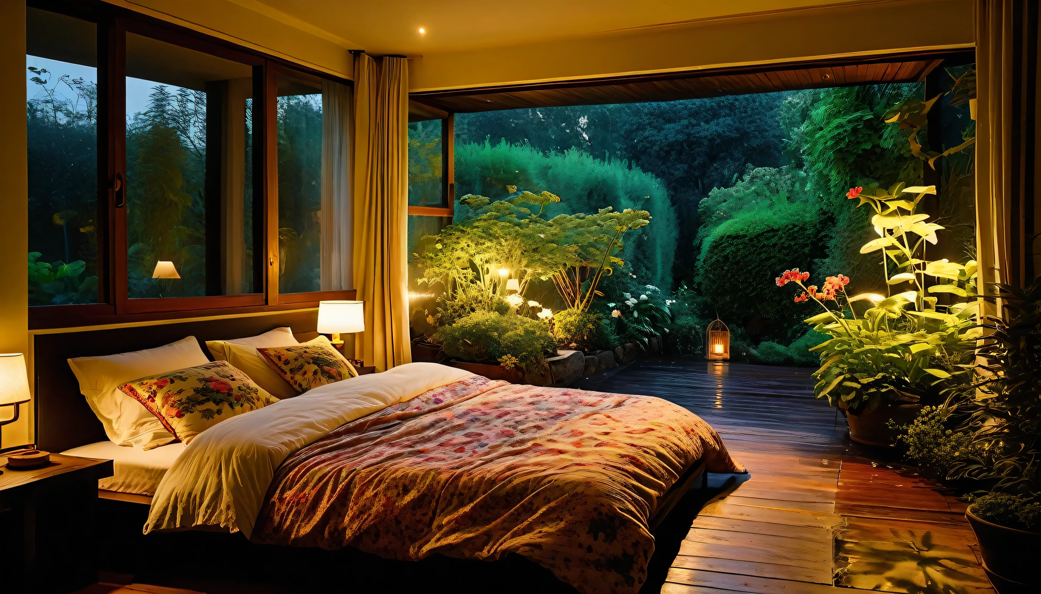 The picture shows a cozy bedroom with large windows offering views of the beautiful, dimly lit garden AND FLOWER-soaked gardens. CINEMATIC, JAPANESE HOUSE, the shape of a Japanese house, and lots of flower gardens in the garden. The bed was unmade with crumpled sheets, indicating only sleep in peace. looks dim, gloomy. Beside the bed there is a small table with a classic lamp burning which radiates warm light into the room. Outside the window, lush green plants can be seen on the terrace or balcony area, rain is falling, the lamp on the left provides warm lighting, creating a calm and peaceful atmosphere. with mist partially obscuring the landscape in the distance. The contrast between the warmth indoors and the rain outdoors creates an inviting and calming atmosphere